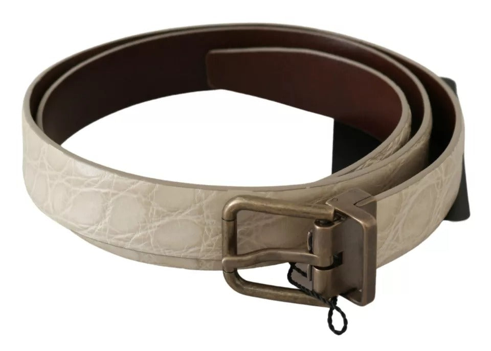 Cream Beige Gold Buckle Waist Leather Belt - ventzia