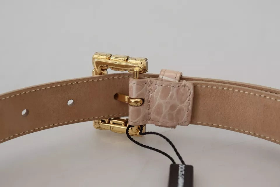 Beige Leather Crystal Buckle Women Belt - ventzia