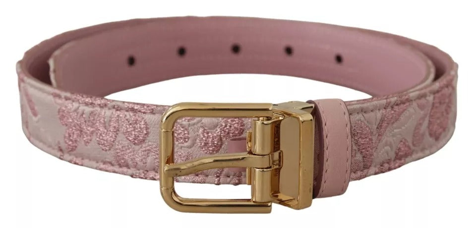 Pink Jaquard Embroidered Gold Tone Metal Buckle Belt - ventzia