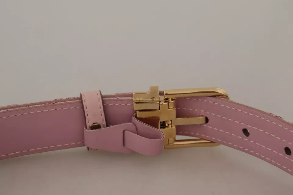 Pink Jaquard Embroidered Gold Tone Metal Buckle Belt - ventzia