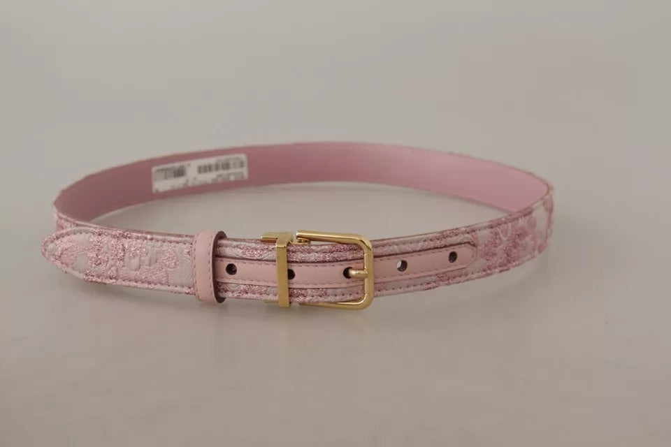 Pink Jaquard Embroidered Gold Tone Metal Buckle Belt - ventzia