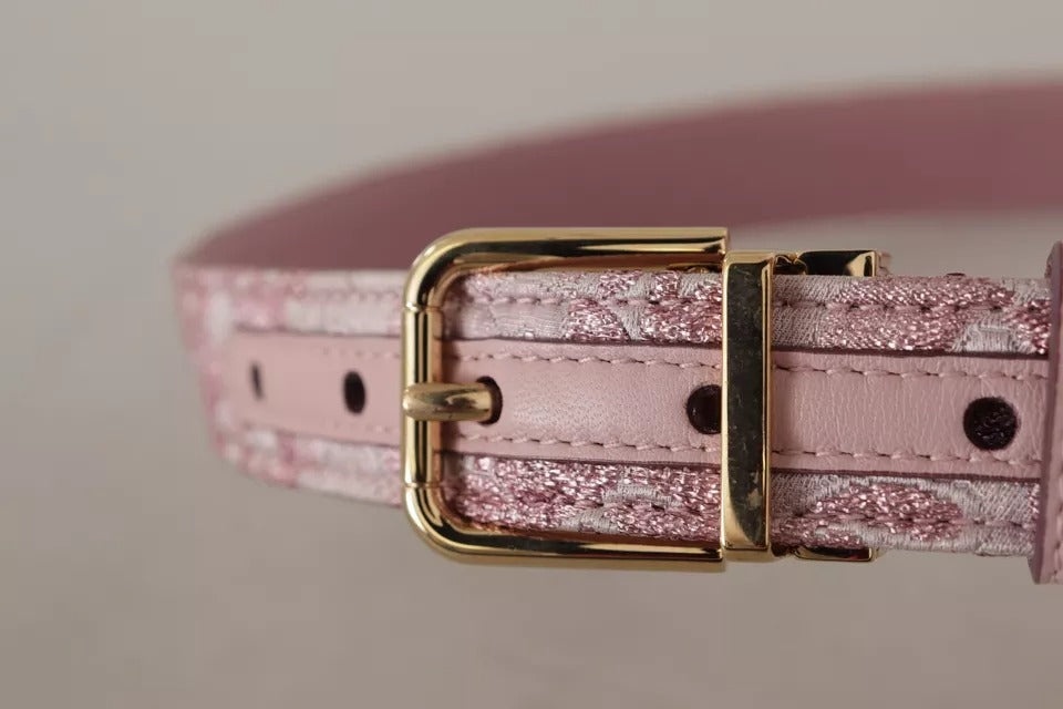 Pink Jaquard Embroidered Gold Tone Metal Buckle Belt - ventzia
