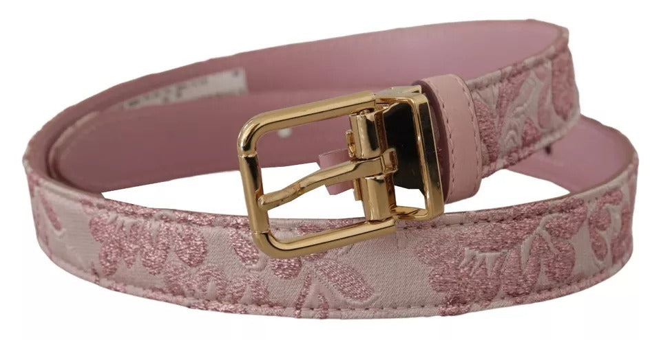 Pink Jaquard Embroidered Gold Tone Metal Buckle Belt - ventzia