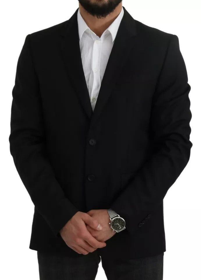 Black Wool Slim Fit Notch Jacket Blazer - ventzia