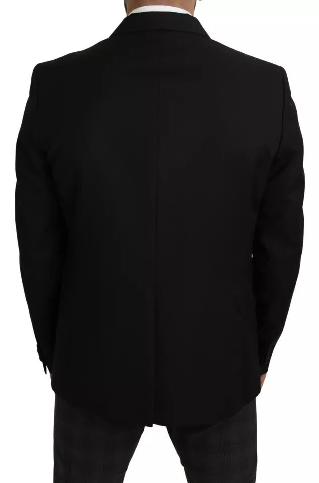 Black Wool Slim Fit Notch Jacket Blazer - ventzia