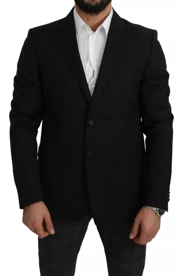 Black Wool Slim Fit Notch Jacket Blazer - ventzia