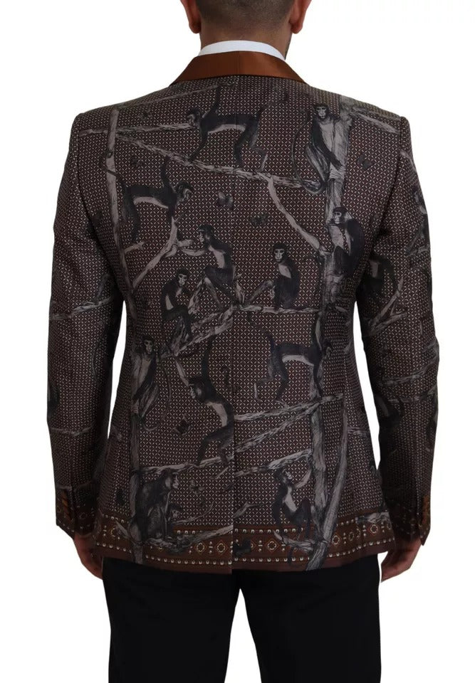 Bronze Monkey Print Silk Slim Jacket Blazer - ventzia