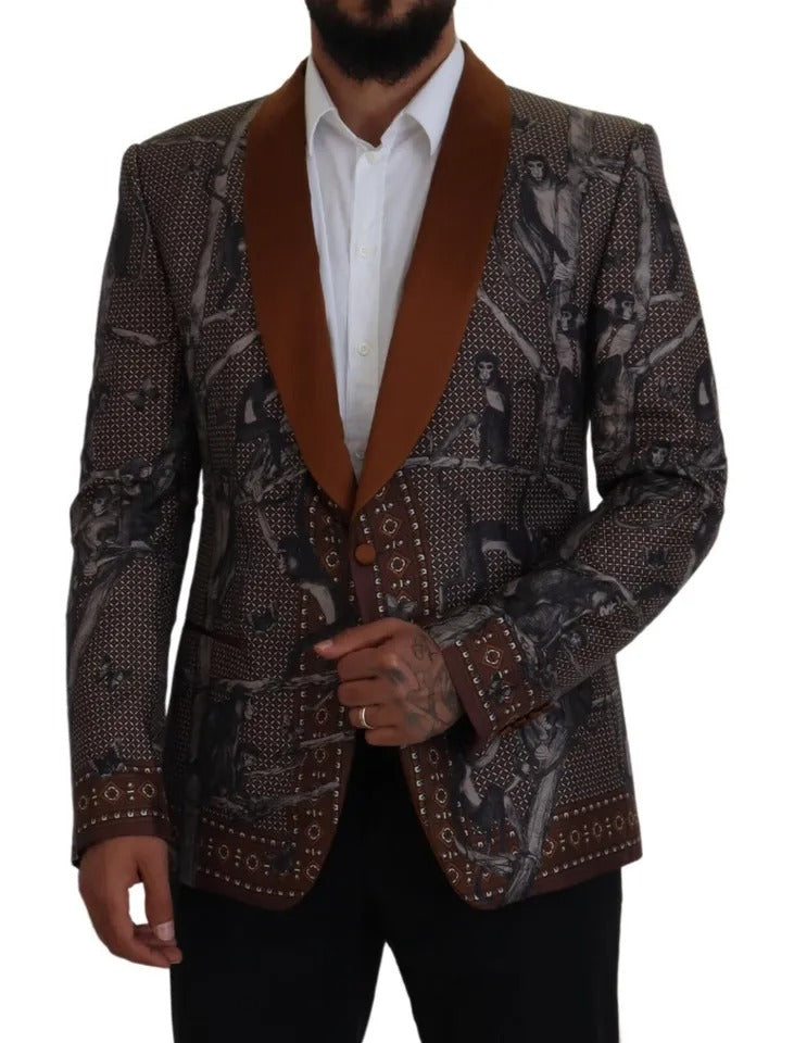 Bronze Monkey Print Silk Slim Jacket Blazer - ventzia