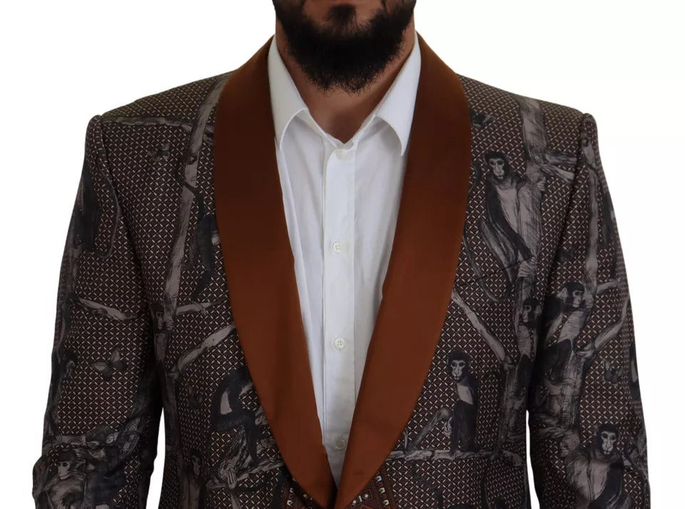 Bronze Monkey Print Silk Slim Jacket Blazer - ventzia