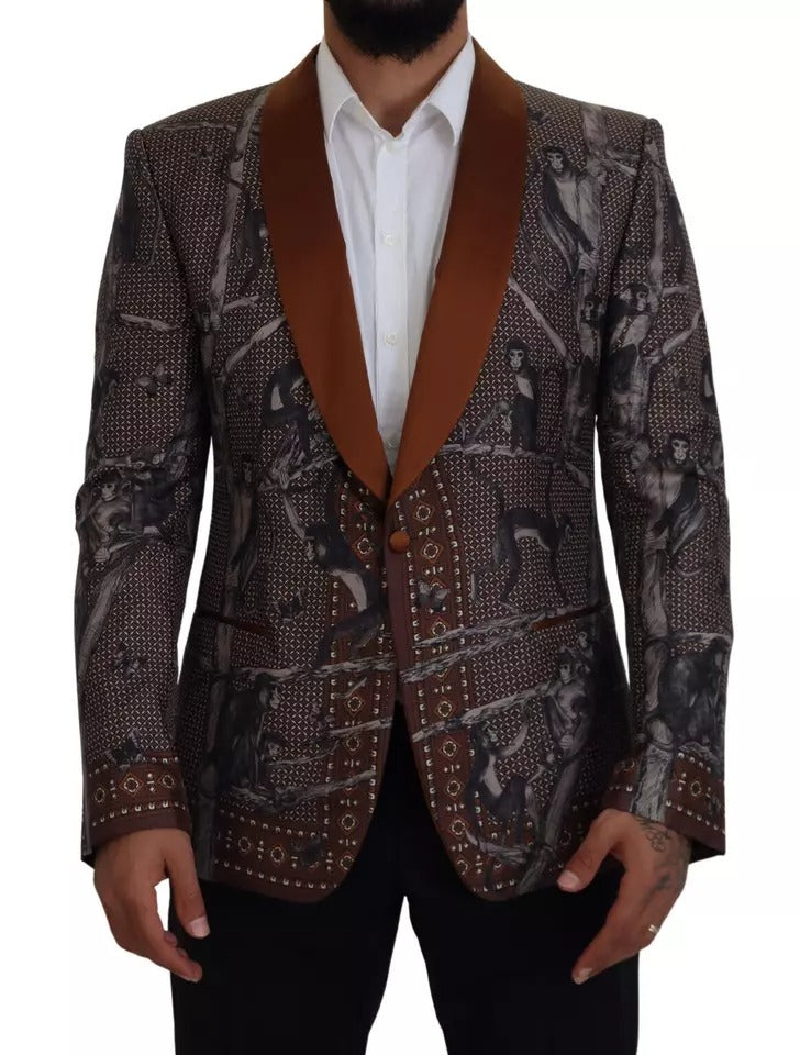 Bronze Monkey Print Silk Slim Jacket Blazer - ventzia