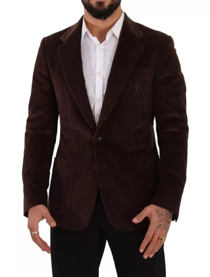 Brown Corduroy Slim Fit Coat DG Logo Blazer - ventzia