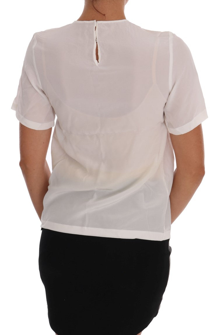 Silk Sequined 'Italia Is Love' White Blouse - ventzia