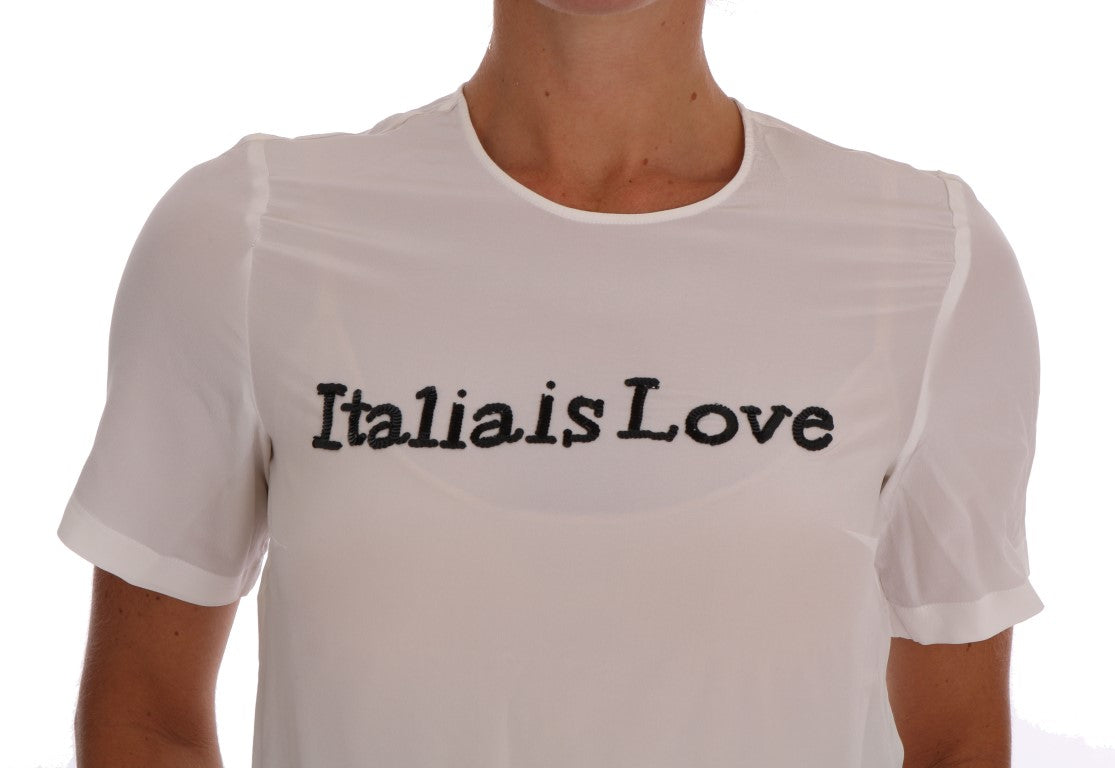 Silk Sequined 'Italia Is Love' White Blouse - ventzia