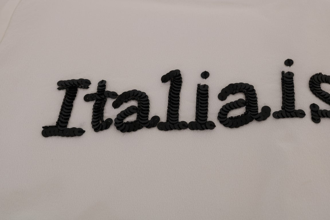 Silk Sequined 'Italia Is Love' White Blouse - ventzia