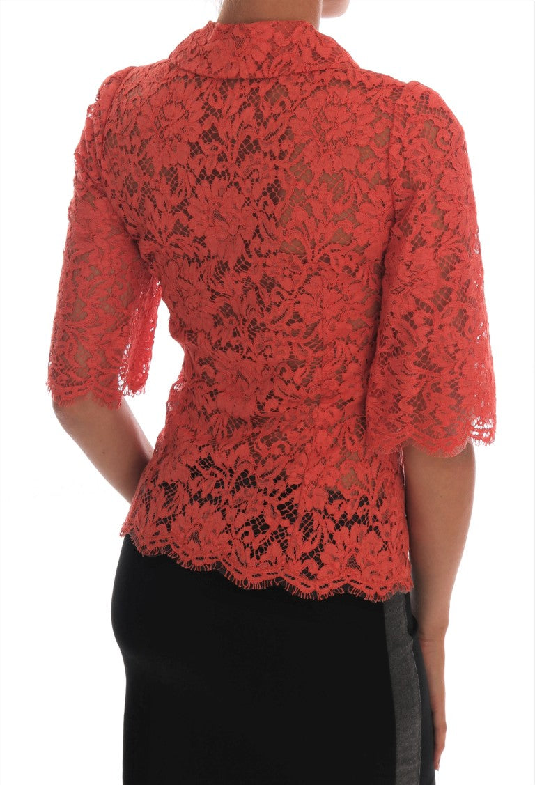 Elegant Orange Floral Lace Crystal Cardigan Blouse - ventzia