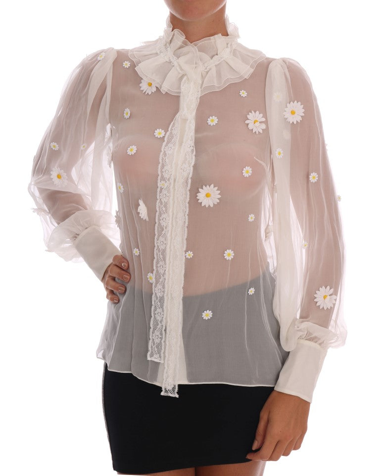 Elegant White Silk Daisy Blouse - ventzia