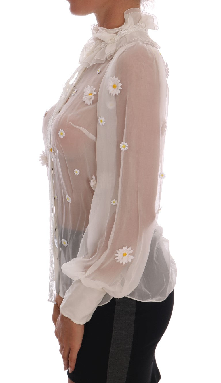 Elegant White Silk Daisy Blouse - ventzia
