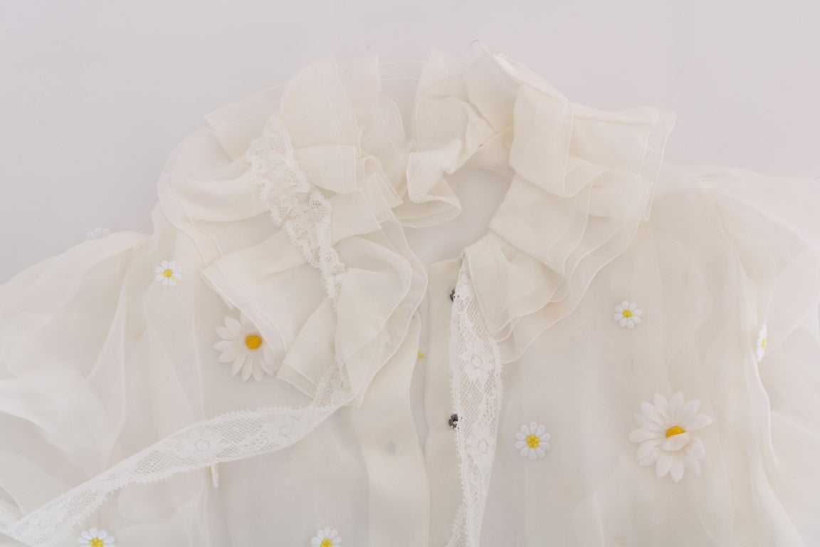 Elegant White Silk Daisy Blouse - ventzia