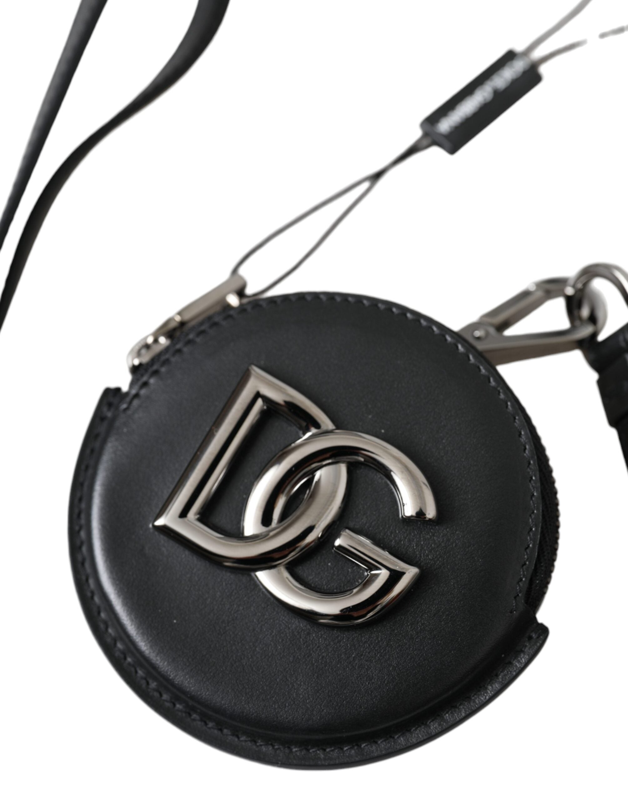 Black Round Leather DG Logo Coin Purse Lanyard Wallet - ventzia