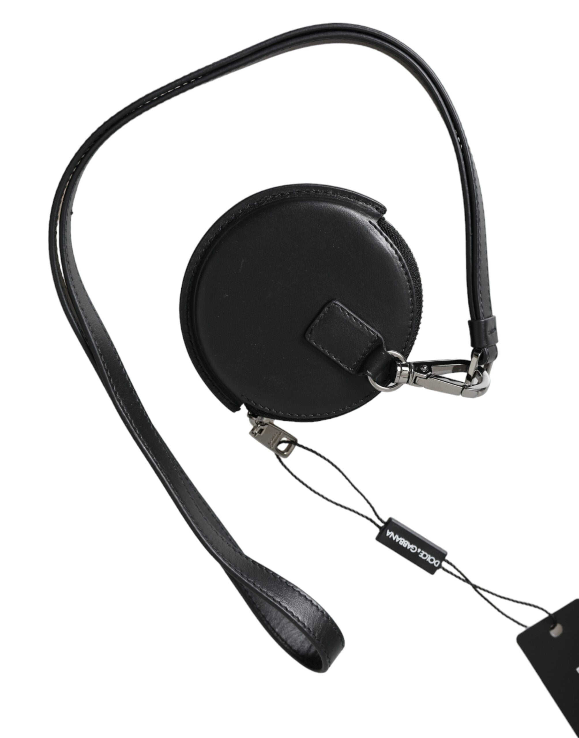 Black Round Leather DG Logo Coin Purse Lanyard Wallet - ventzia