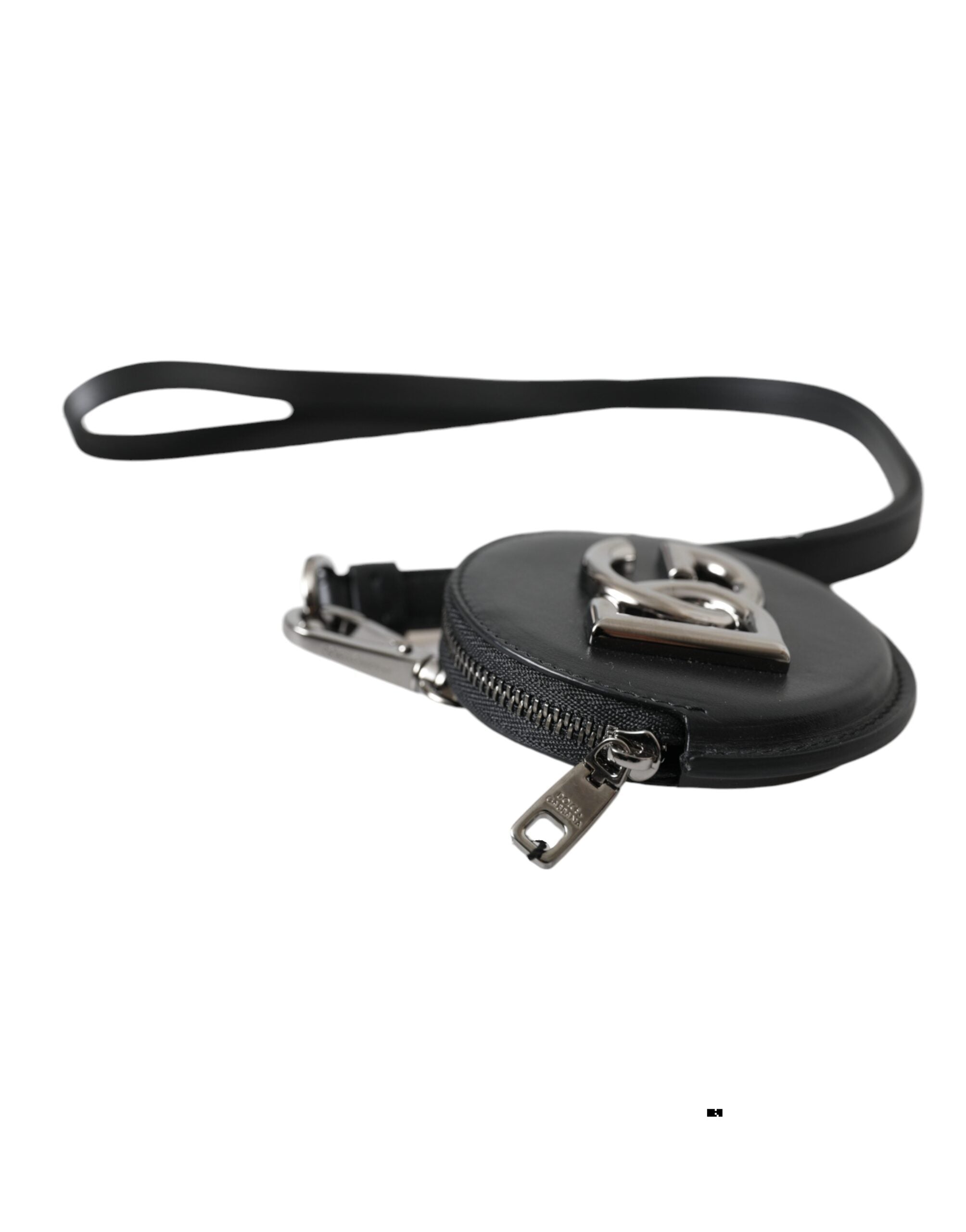 Black Round Leather DG Logo Coin Purse Lanyard Wallet - ventzia