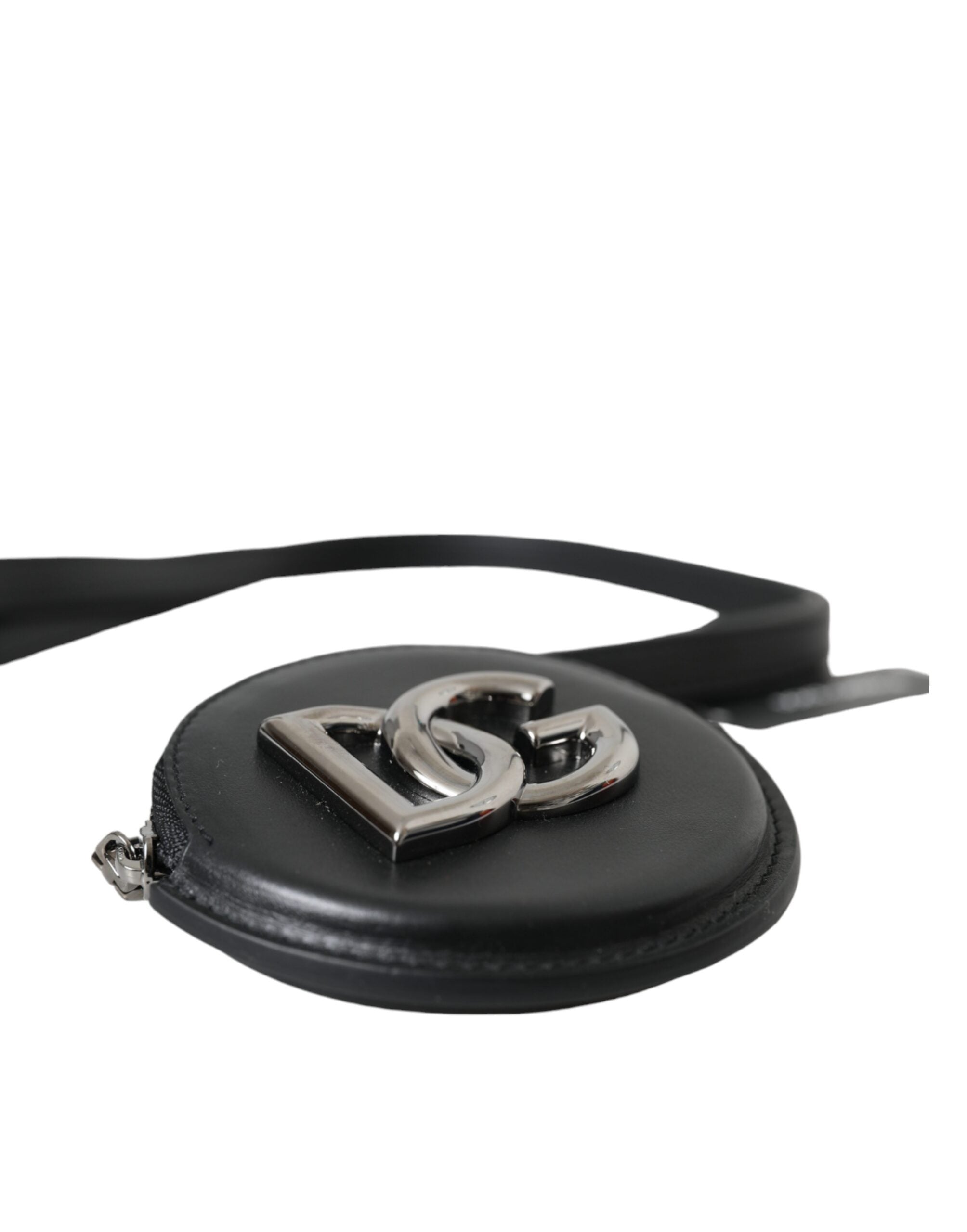 Black Round Leather DG Logo Coin Purse Lanyard Wallet - ventzia