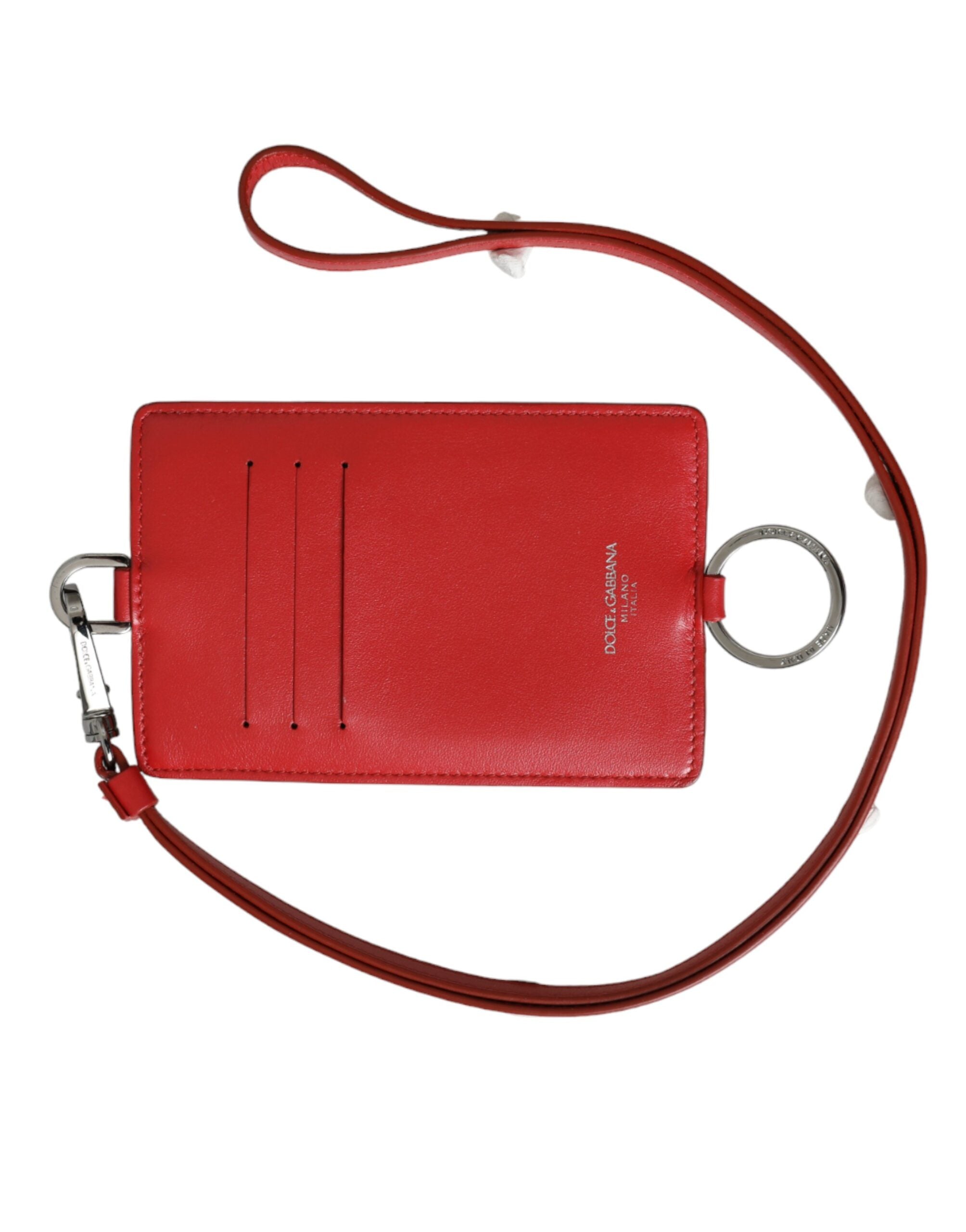 Red Calfskin Leather Lanyard Logo Card Holder Wallet - ventzia