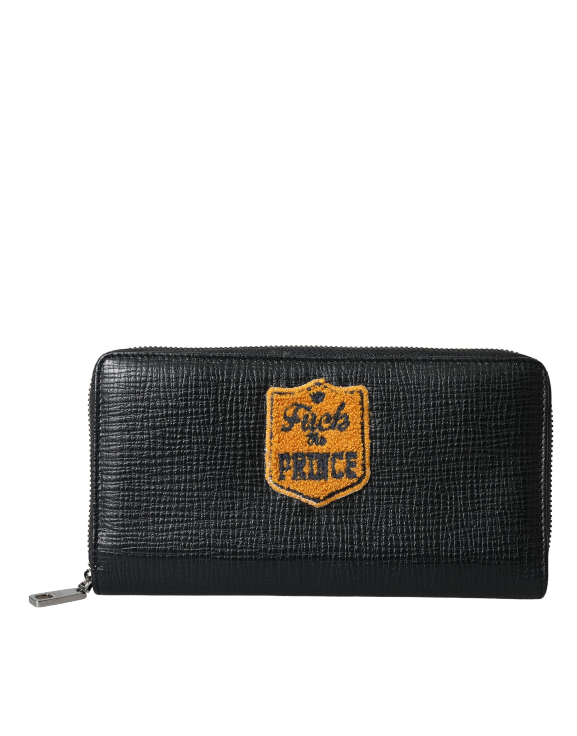 Black Leather Logo Patch Zip Around Continental Wallet - ventzia