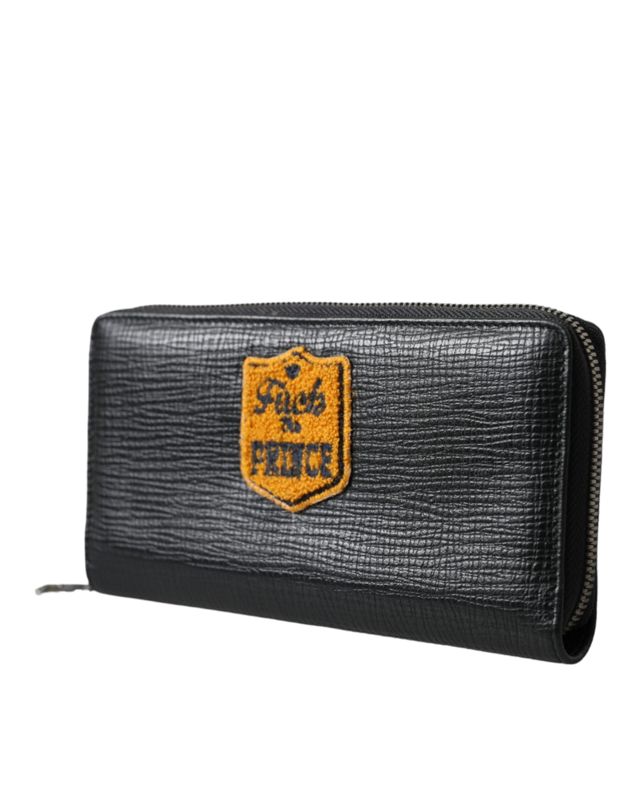 Black Leather Logo Patch Zip Around Continental Wallet - ventzia