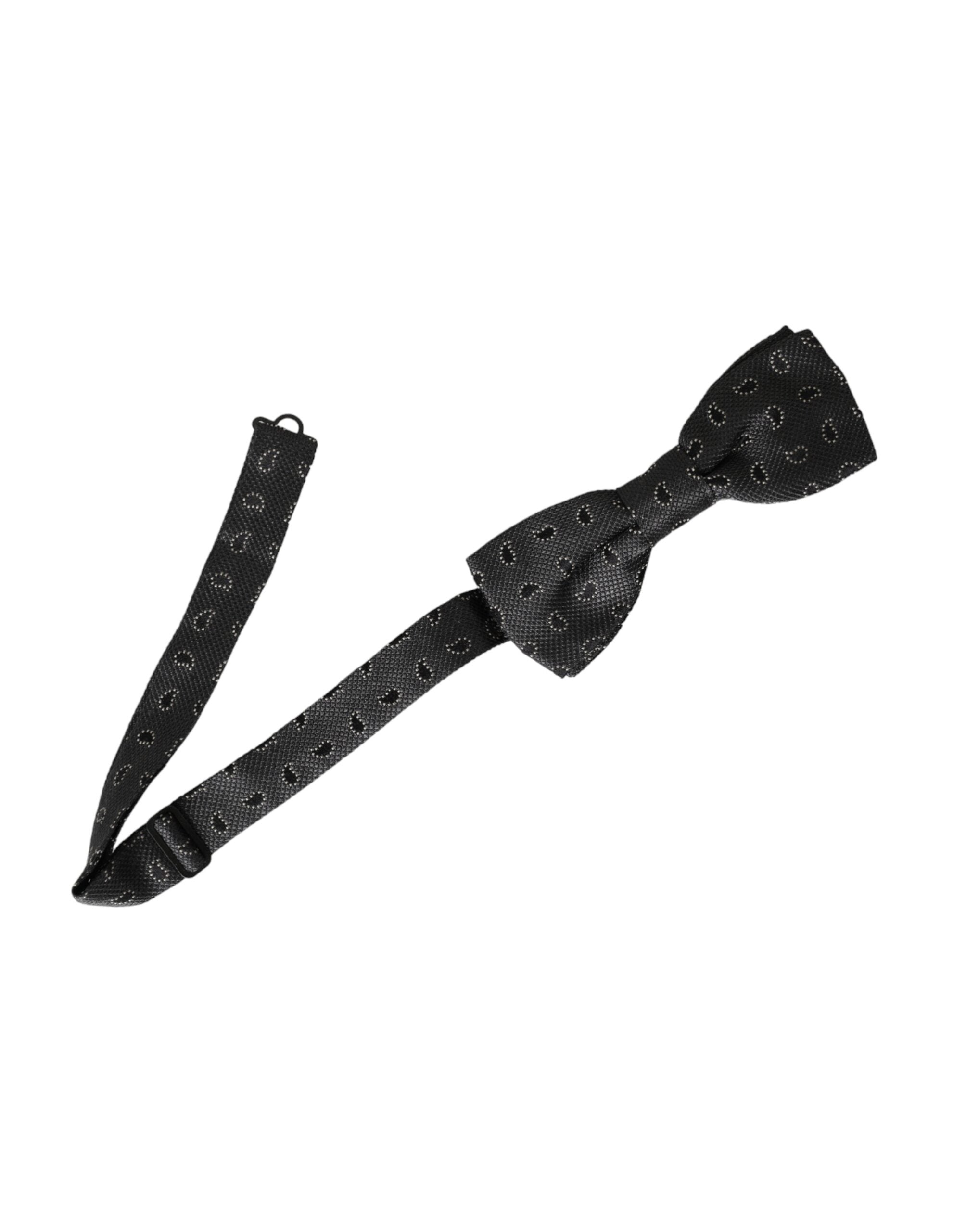 Black Silk Patterned Adjustable Neck Men Bow Tie - ventzia