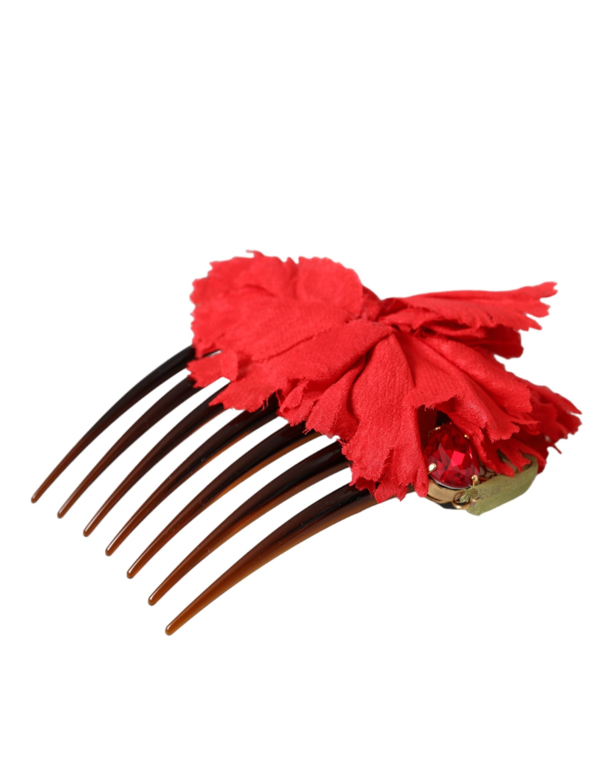 Red Silk Floral Gold Brass Women Hair Comb - ventzia