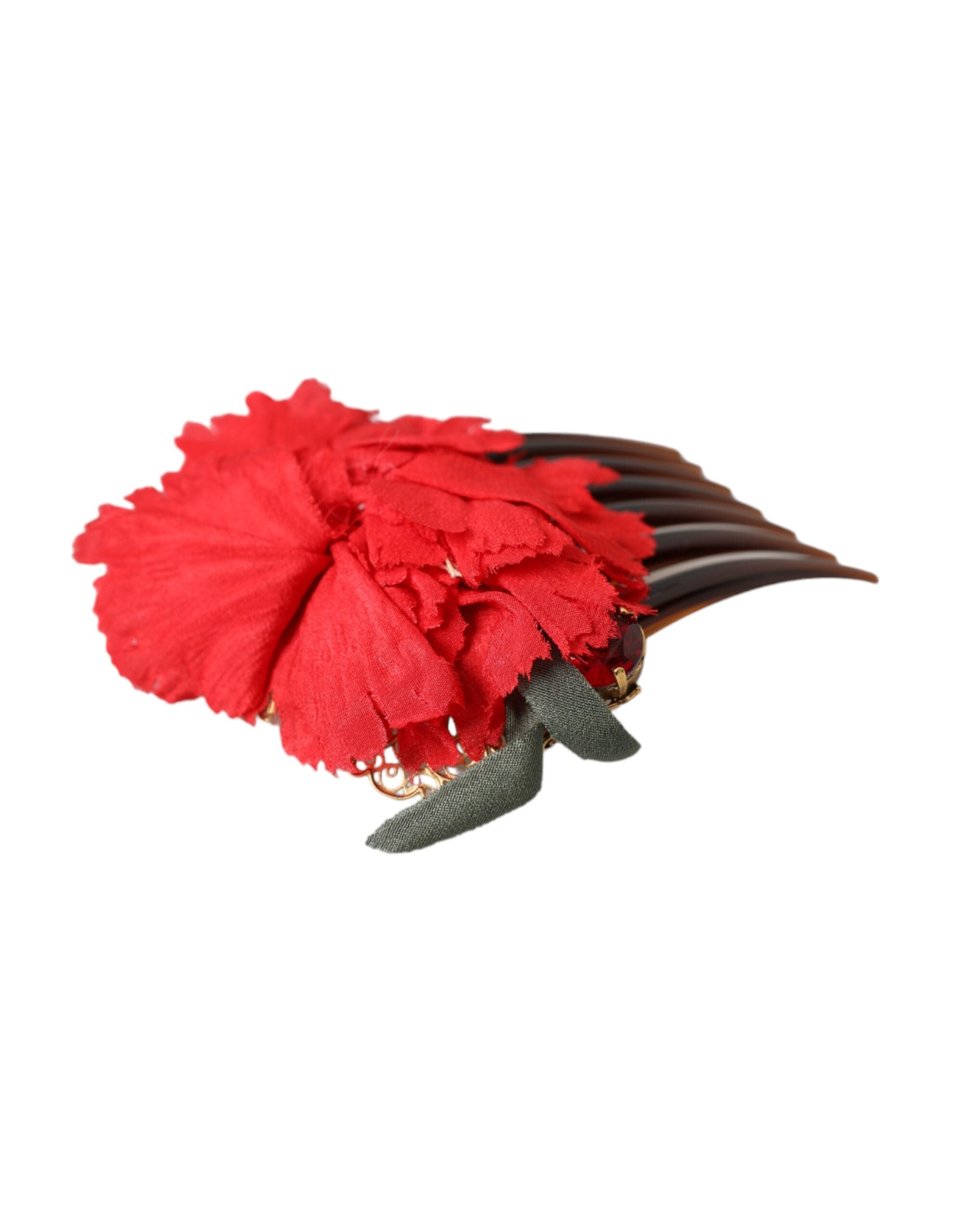 Red Silk Floral Gold Brass Women Hair Comb - ventzia