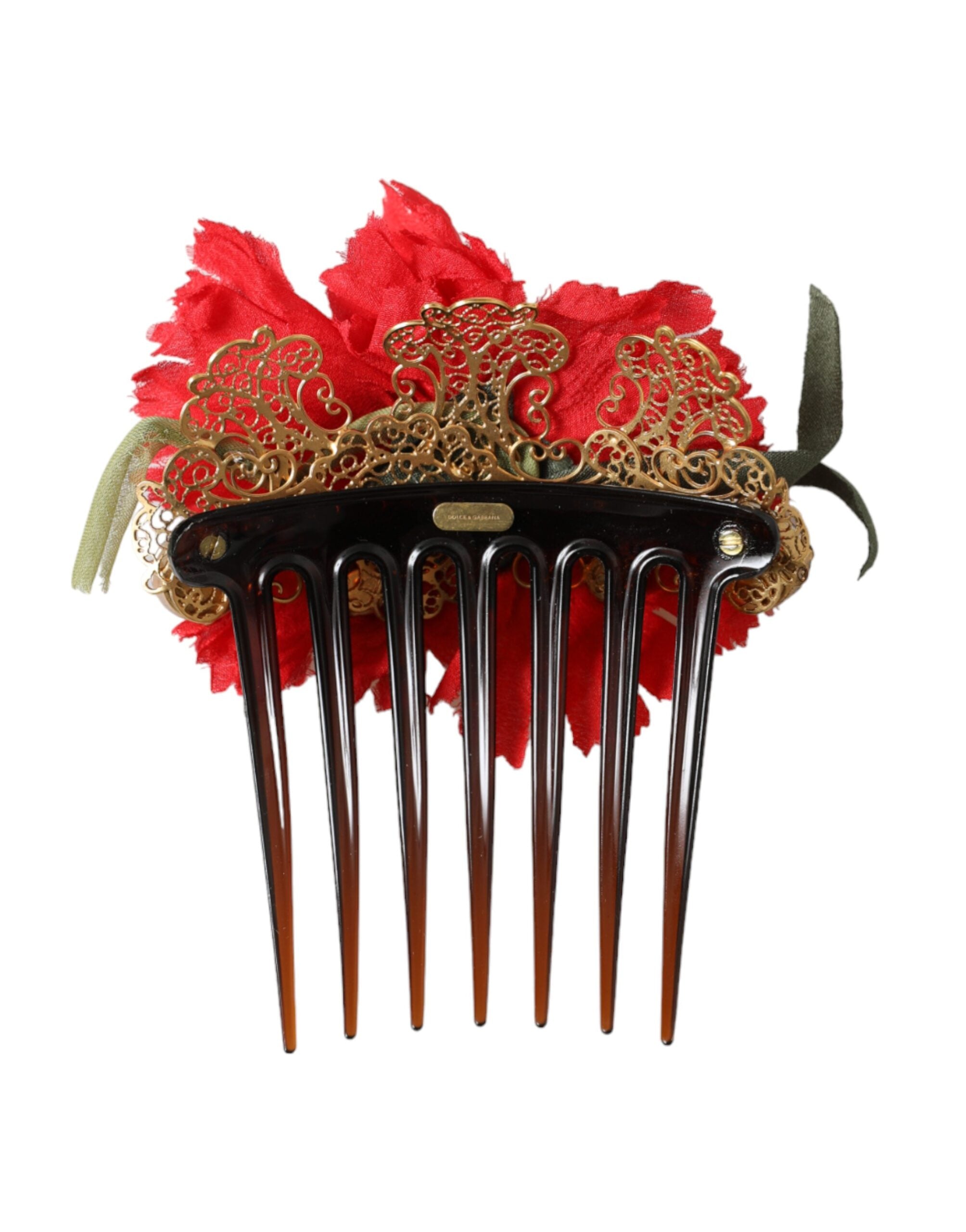 Red Silk Floral Gold Brass Women Hair Comb - ventzia
