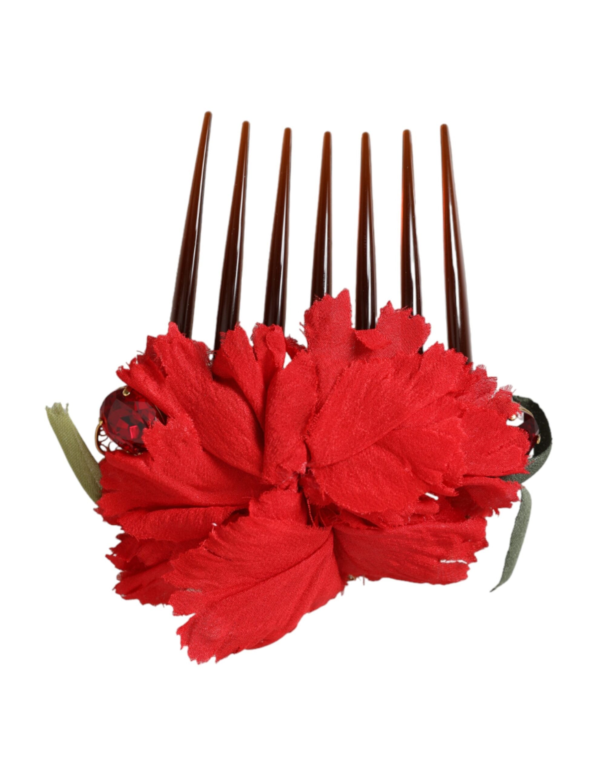 Red Silk Floral Gold Brass Women Hair Comb - ventzia
