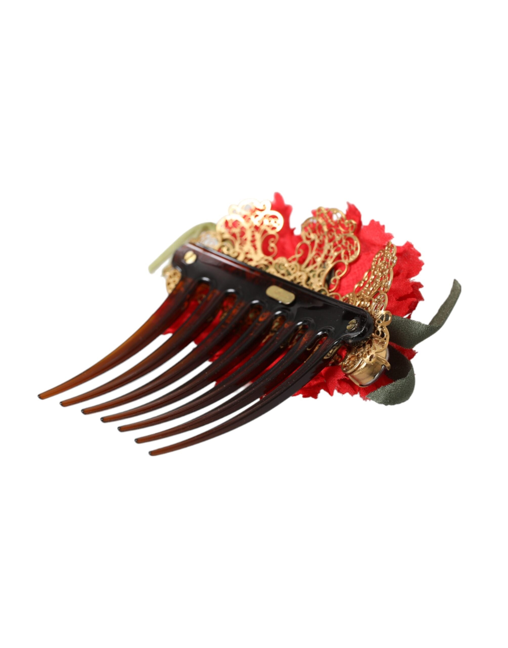 Red Silk Floral Gold Brass Women Hair Comb - ventzia