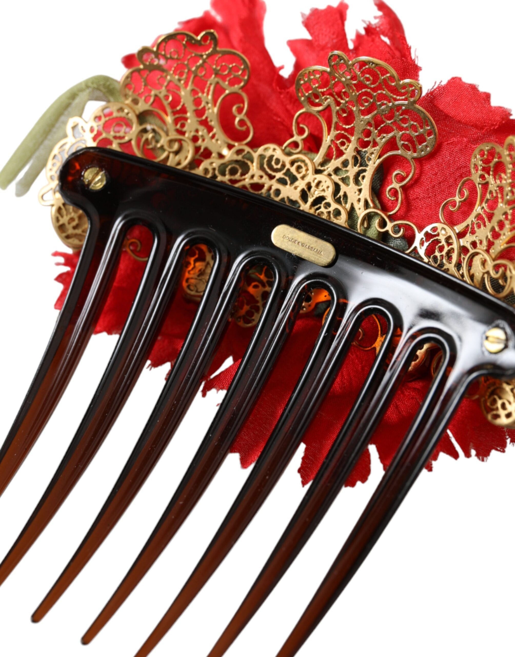 Red Silk Floral Gold Brass Women Hair Comb - ventzia