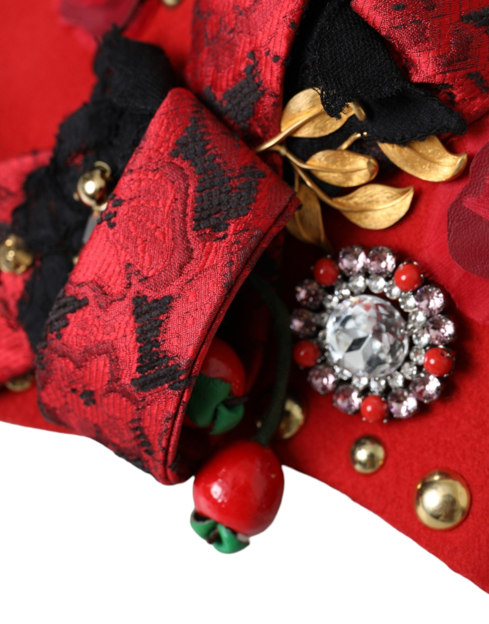 Red Crystal Gold Roses Brooch Embellished Hat - ventzia