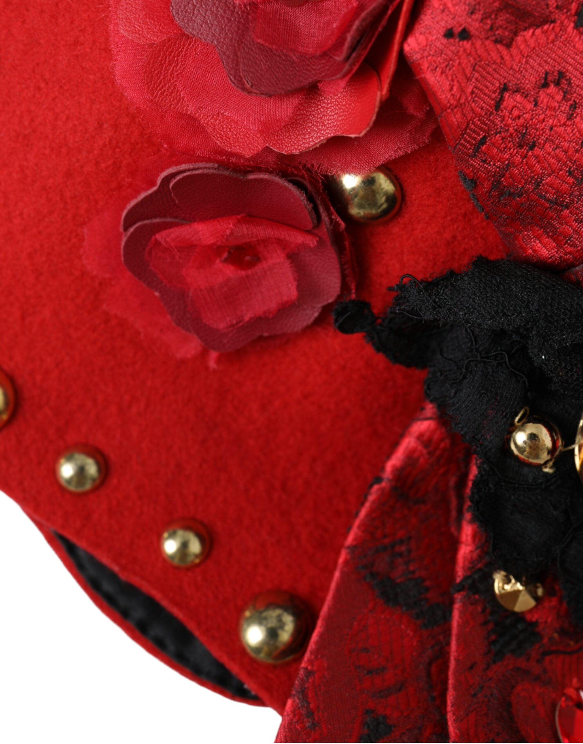 Red Crystal Gold Roses Brooch Embellished Hat - ventzia