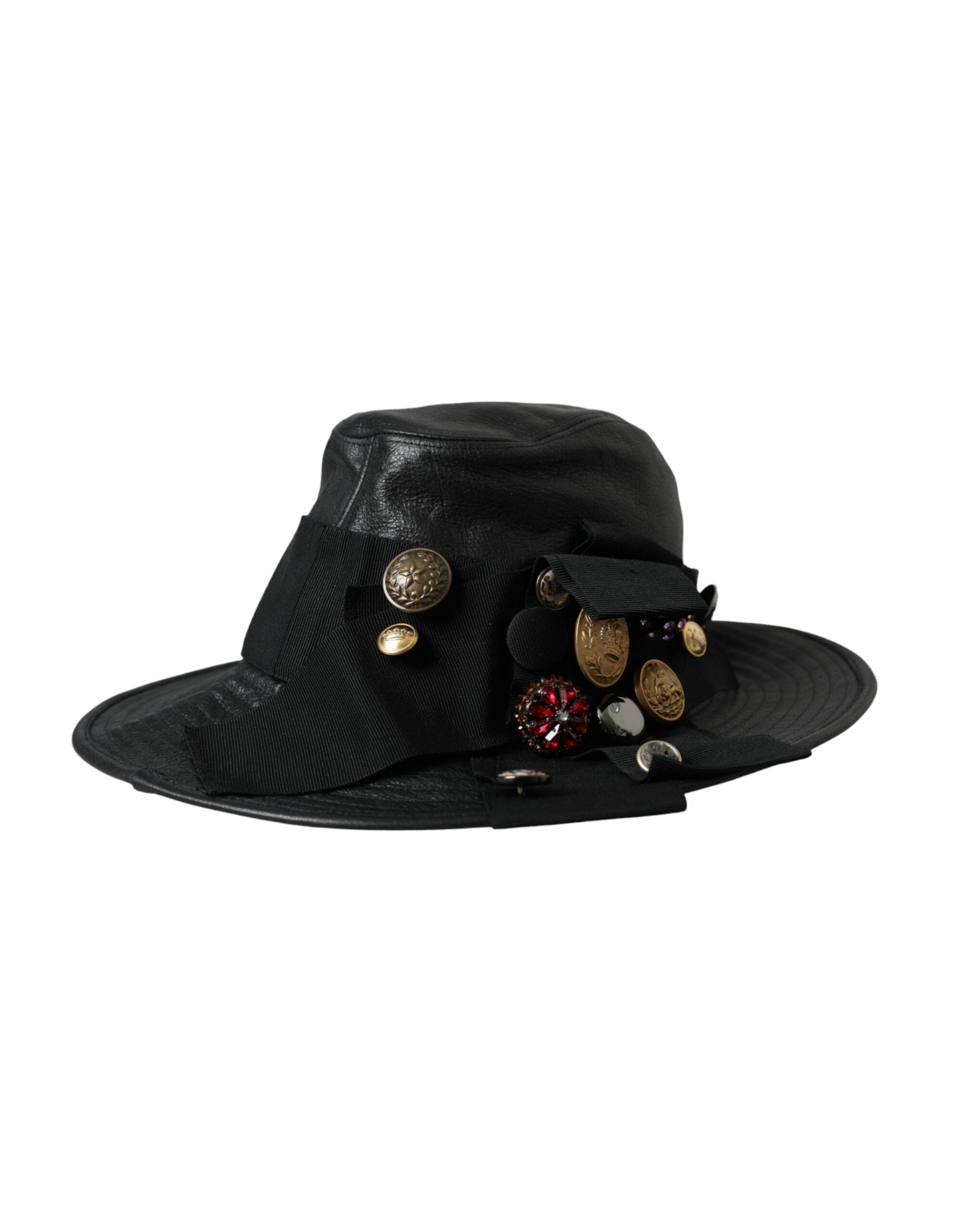 Black Leather DG Coin Crystal Wide Brim Hat - ventzia