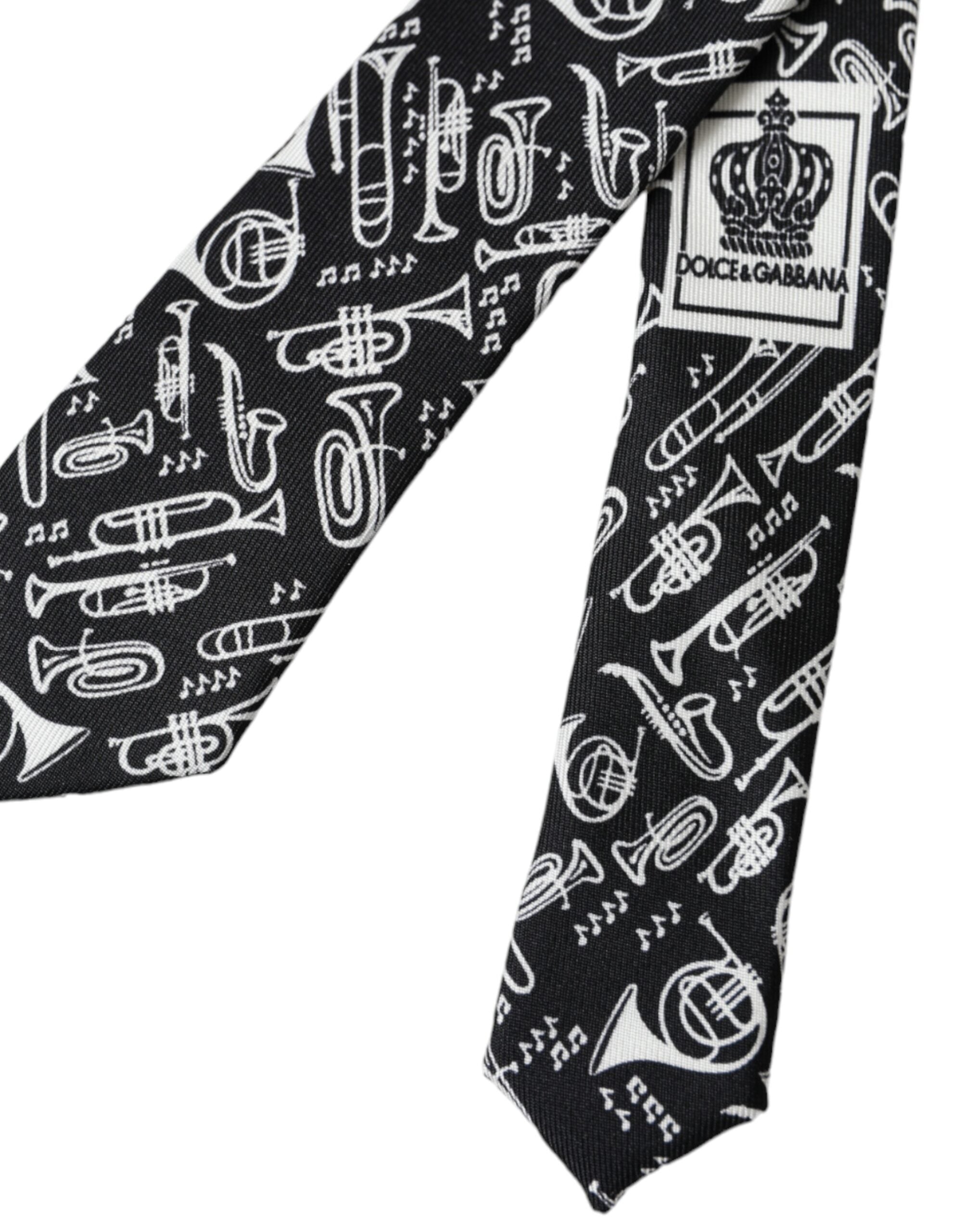 Black Trumpet Print Silk Adjustable Tie - ventzia