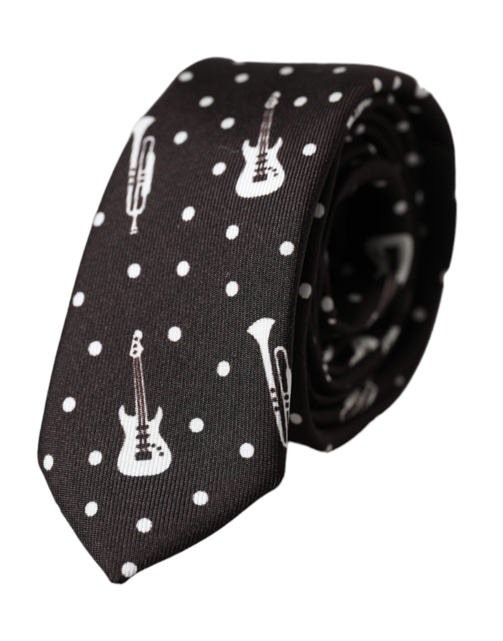 Black Guitar Print Silk Adjustable Tie - ventzia