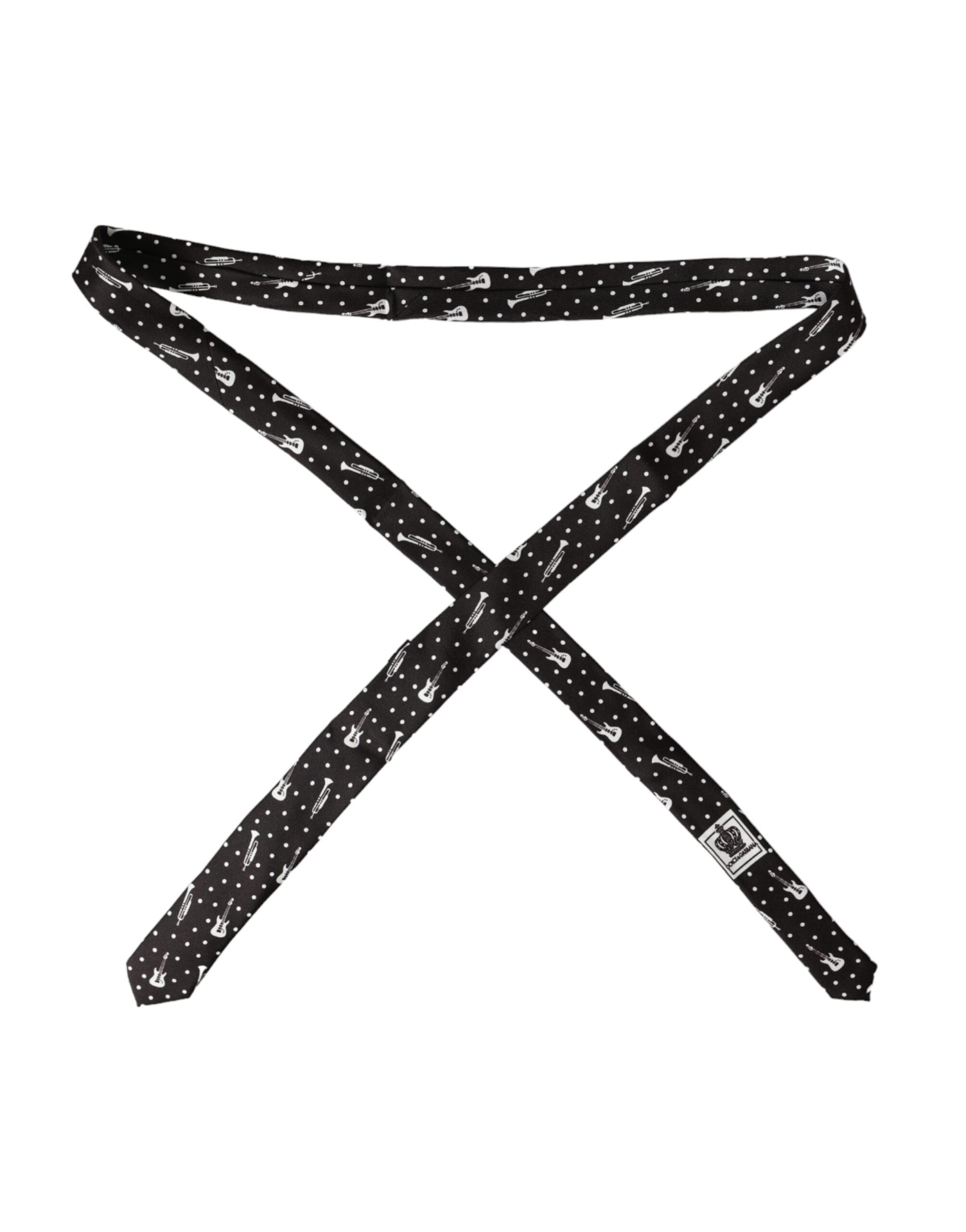 Black Guitar Print Silk Adjustable Tie - ventzia
