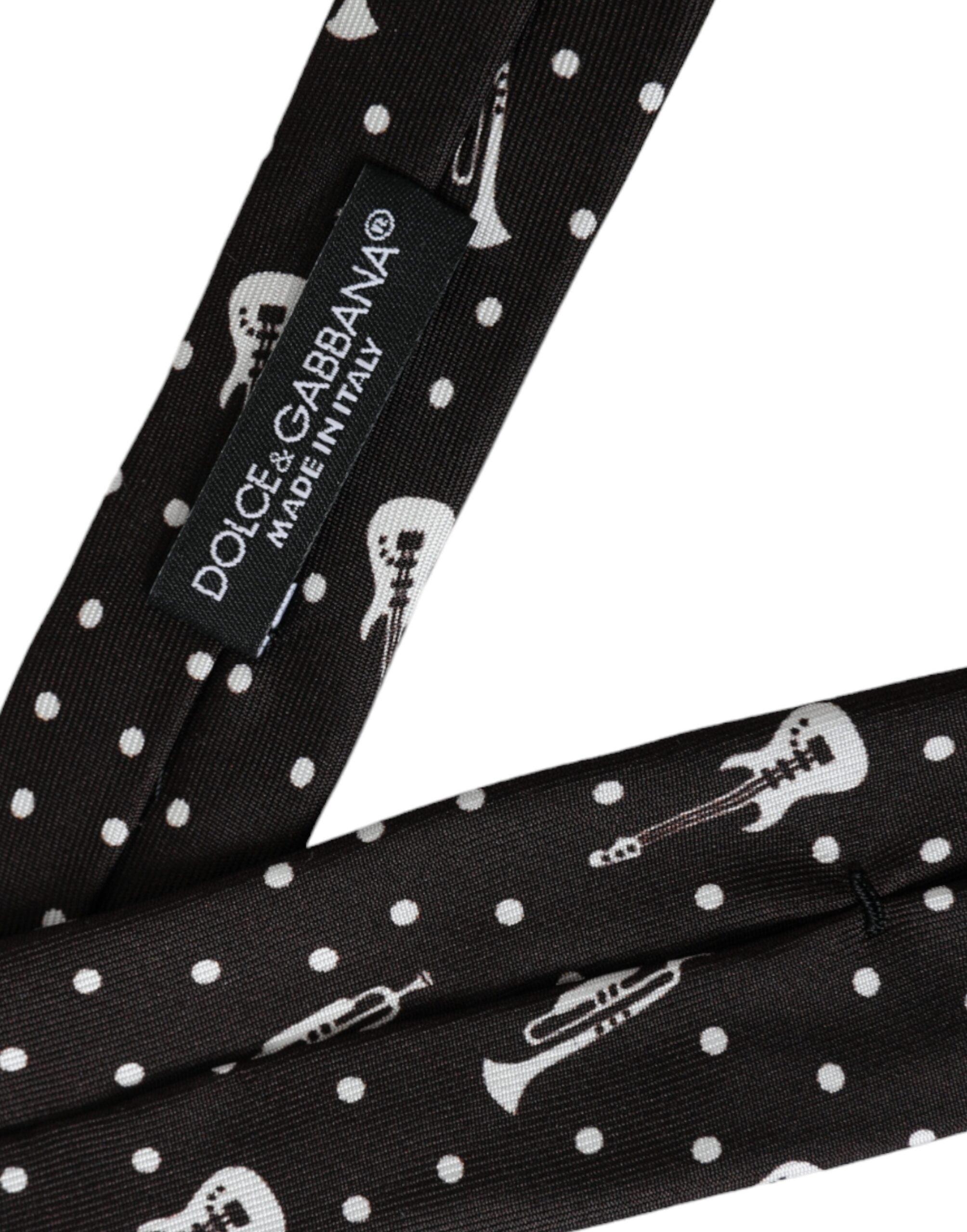 Black Guitar Print Silk Adjustable Tie - ventzia