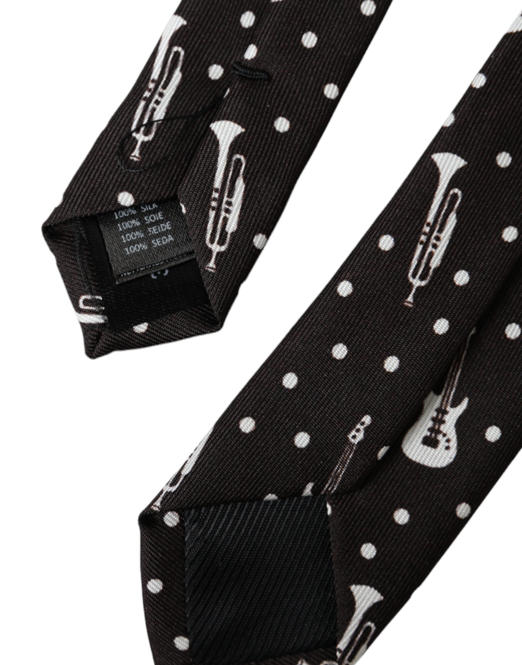Black Guitar Print Silk Adjustable Tie - ventzia