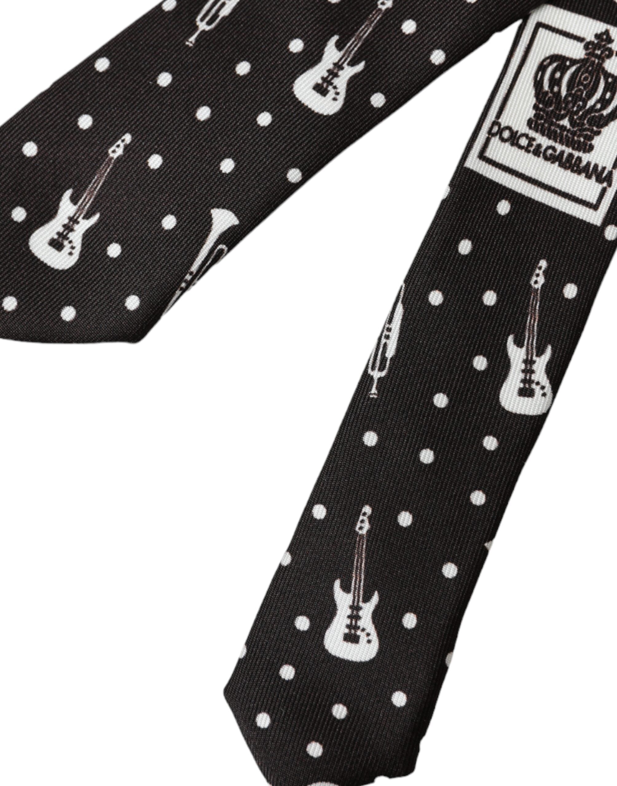 Black Guitar Print Silk Adjustable Tie - ventzia