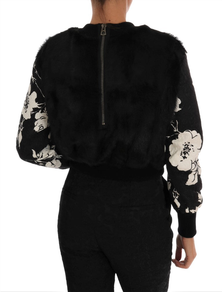Floral Brocade Black Fur Sweater - ventzia
