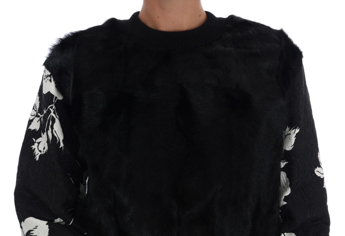 Floral Brocade Black Fur Sweater - ventzia