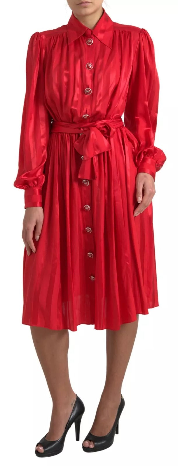 Red Button Down Belted Midi Satin Silk Dress - ventzia