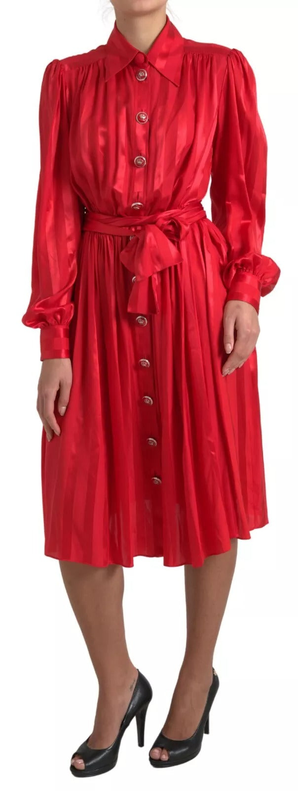 Red Button Down Belted Midi Satin Silk Dress - ventzia