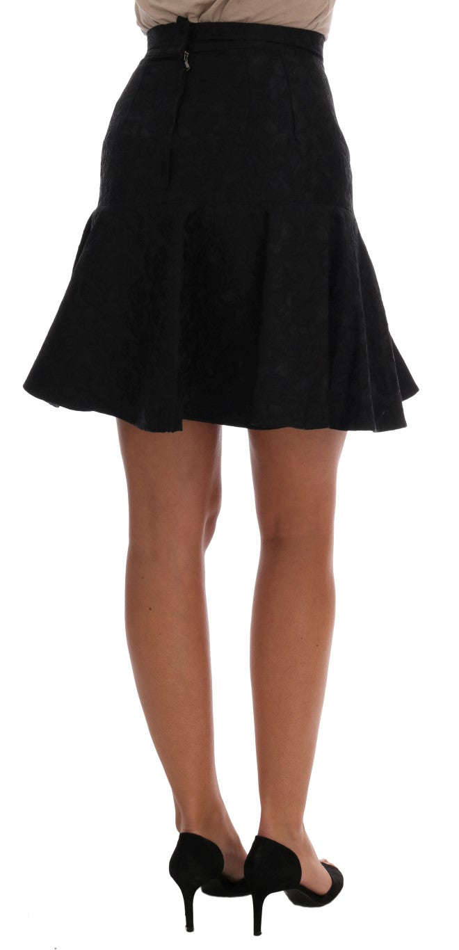 Elegant Black Floral Jacquard A-Line Skirt - ventzia